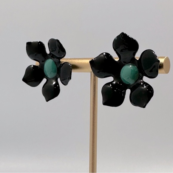 Black & Turquoise Enamel Flower Earrings - Picture 4 of 4
